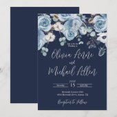 Blue Elegant Floral Script Wedding Invitation Kaart (Voorkant / Achterkant)