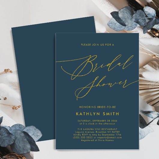 Blue Elegant Gold Script Minimalist Vrijgezellenfe Kaart