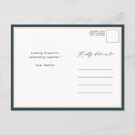 Blue Elegant Gold Script Minimalist Vrijgezellenfe Uitnodiging Briefkaart (Achterkant)
