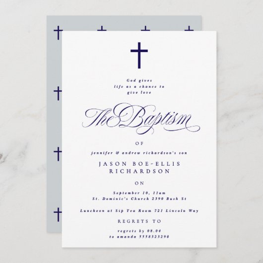 Blue Elegant Navy Cross Boy Baptism Invitation (Devant / Derrière)