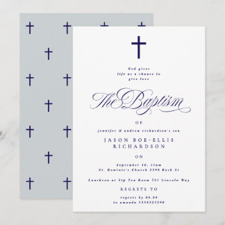 Blue Elegant Navy Cross Boy Baptism Invitation