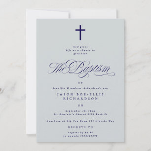 Blue Elegant Navy Cross Boy Baptism Invitation