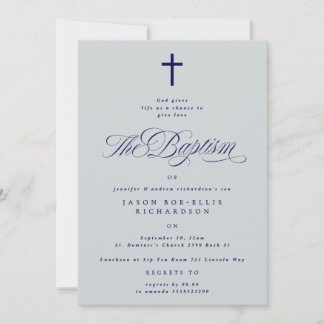 Blue Elegant Navy Cross Boy Baptism Invitation