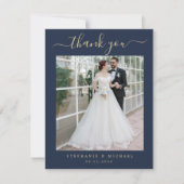 Blue Elegant Script 2 Photo Wedding Gold Script Bedankkaart (Voorkant)