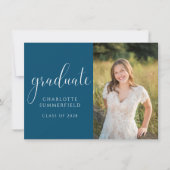 Blue Elegant Script Graduation Photo Invitation (Devant)