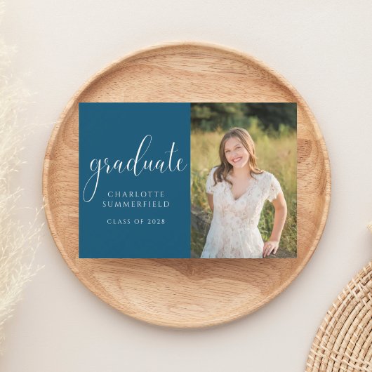 Blue Elegant Script Graduation Photo Invitation