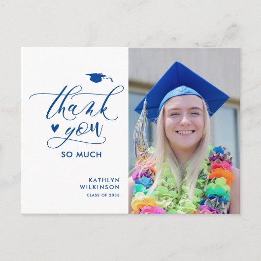 Blue Elegant Script Photo Afstuderen Bedankt Briefkaart (Voorkant)