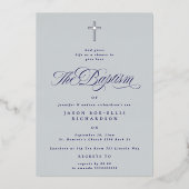 Blue Elegant Silver Cross Boy Baptism Invitation (Recto)