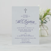 Blue Elegant Silver Cross Boy Baptism Invitation (Debout devant)