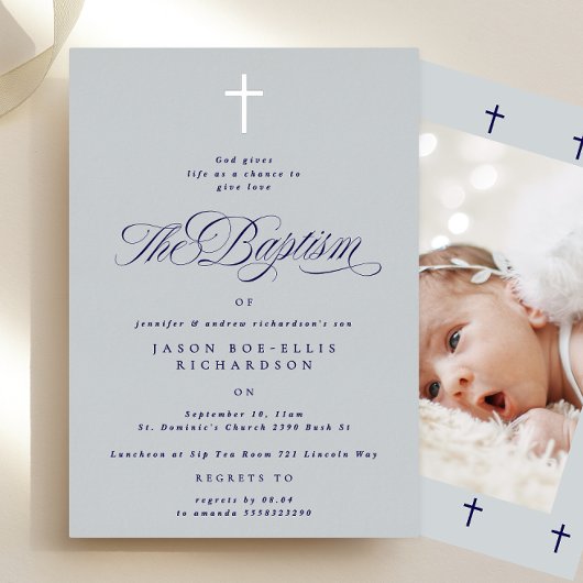 Blue Elegant Silver Cross Boy Baptism Invitation p