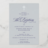 Blue Elegant Silver Cross Boy Baptism Invitation p (Recto)