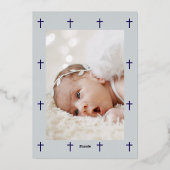 Blue Elegant Silver Cross Boy Baptism Invitation p (Verso)
