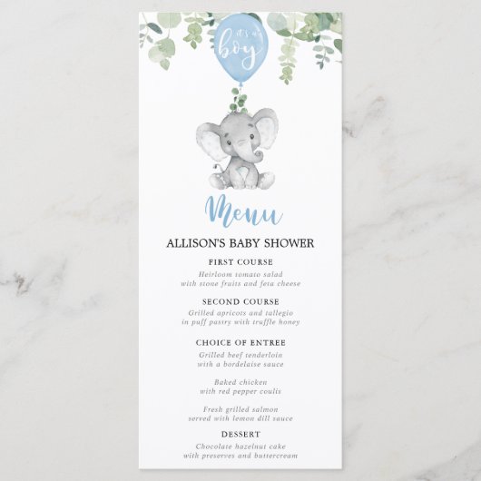 Blue elephant and balloons baby shower menu (Voorkant)