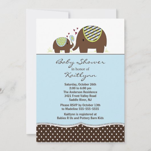 Blue Elephant & Baby Boy Baby shower Invitation (Devant)