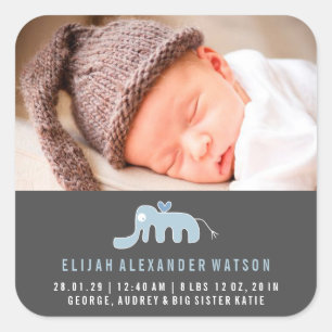 Blue Elephant Baby Boy Birth Announding Sticker