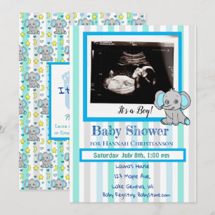 Blue Elephant Baby Boy Echografie Baby shower Kaart