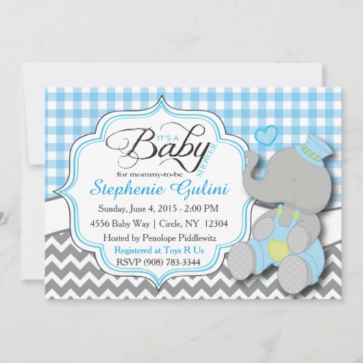 Blue Elephant Baby Boy Shower Uitnodigen Kaart (Voorkant)