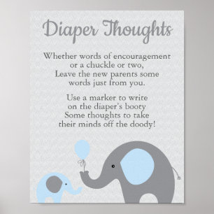 Blue Elephant Baby shower Diaper Thoughts Sign Poster