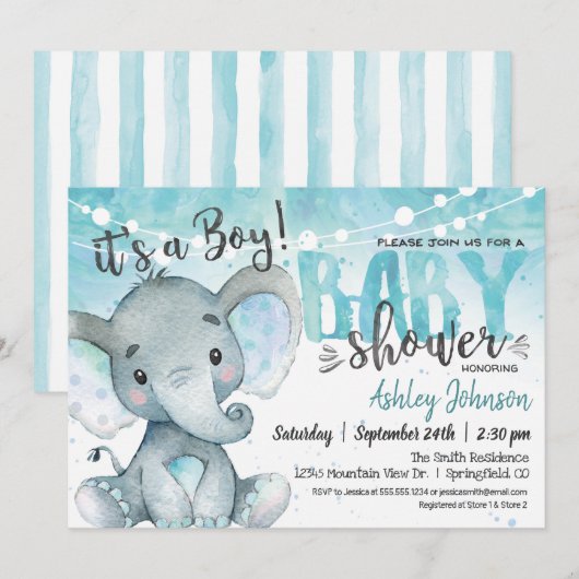Blue Elephant Baby shower Invitation, jongen Kaart (Voorkant / Achterkant)