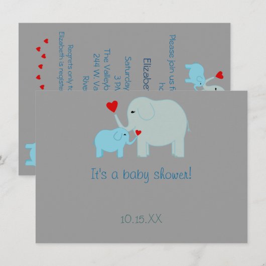 Blue Elephant Baby shower Invitation Kaart (Voorkant / Achterkant)