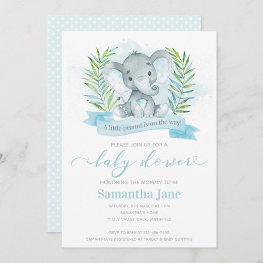 Blue Elephant Baby shower Invitation Kaart (Voorkant / Achterkant)