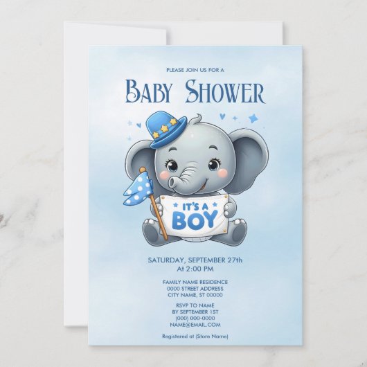 Blue Elephant Baby shower Invitation Kaart (Voorkant)