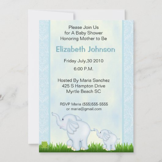 Blue Elephant Baby Shower Invitations (Devant)