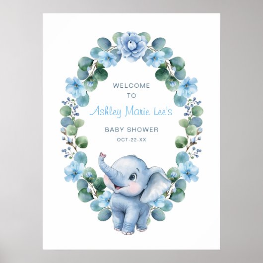 Blue Elephant Baby shower Poster – Waterverf Flor (Voorkant)
