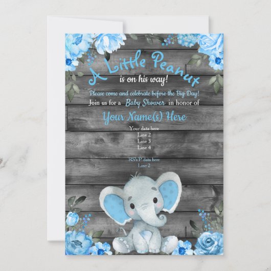 Blue Elephant Baby shower uitnodiging, rustiek Kaart (Voorkant)