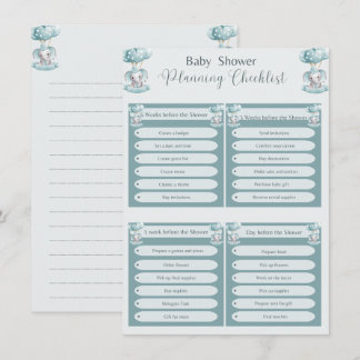 Blue Elephant ballon Baby Boy Shower Checlist Kaart