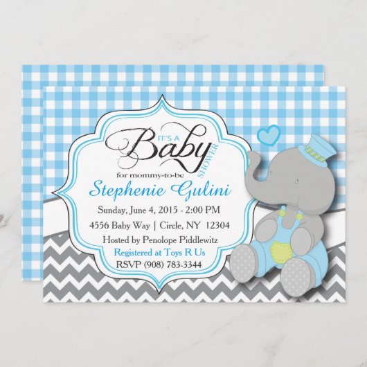 Blue Elephant bébé garçon Invitation douche (Devant / Derrière)