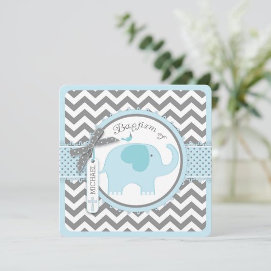 Blue Elephant Bird and Chevron Print Baptism Kaart (Staand voorkant)