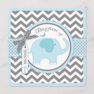 Blue Elephant Bird and Chevron Print Baptism Kaart