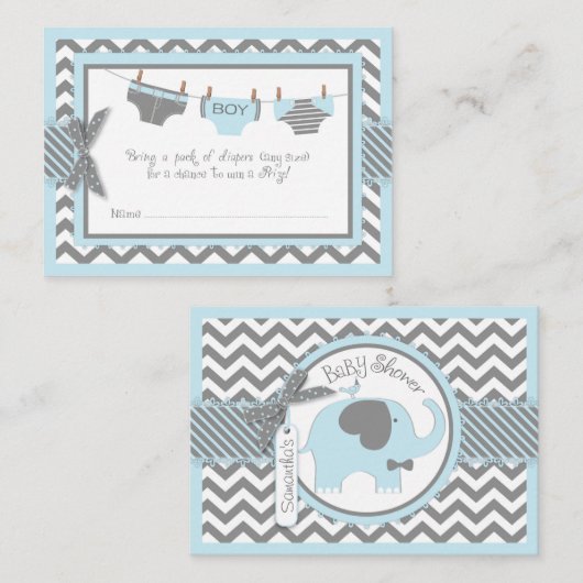 Blue Elephant Bird en Luier Raffle Ticket Informatiekaartje (Voorkant / Achterkant)