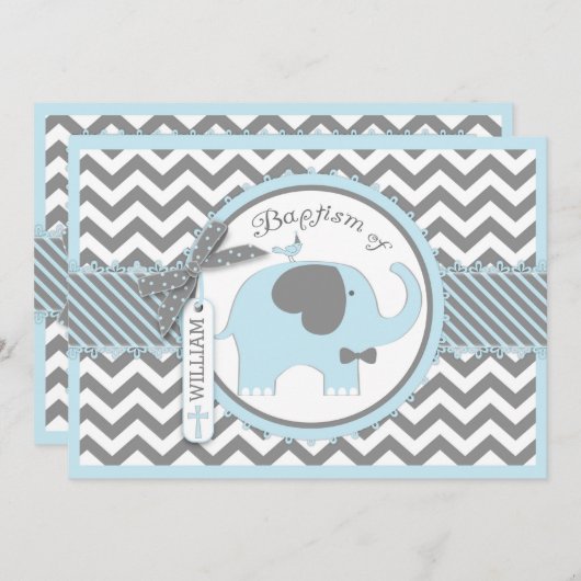 Blue Elephant Bow Stropdas en Chevron Print Baptis Kaart (Voorkant / Achterkant)