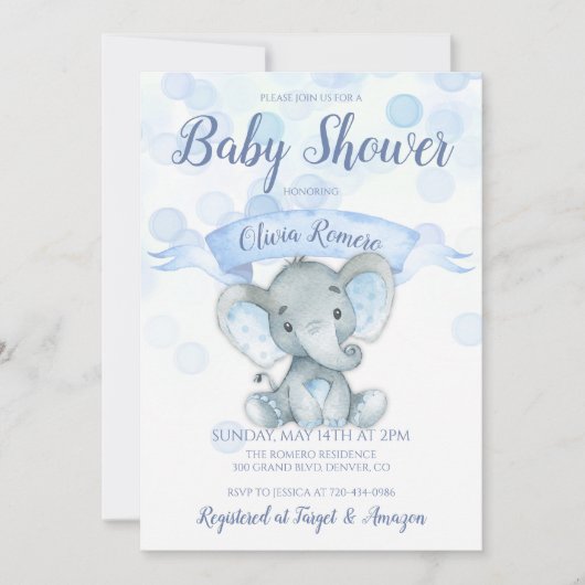 Blue Elephant Boy Baby shower Invitation Kaart (Voorkant)