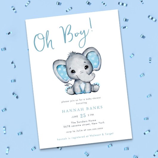 Blue Elephant Boy Baby shower Kaart