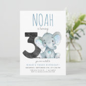 Blue Elephant Derde Verjaardag uitnodiging (Staand voorkant)