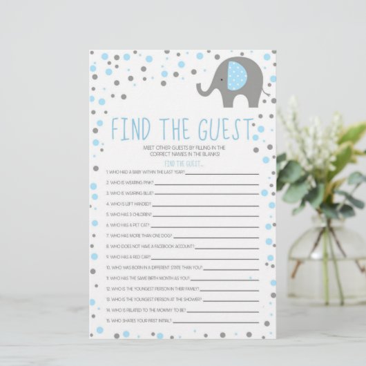 Blue Elephant Find Guest Baby shower Game Briefpapier (Staand voorkant)