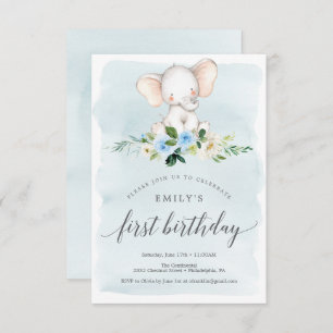 Blue Elephant First Birthday Invitation Kaart