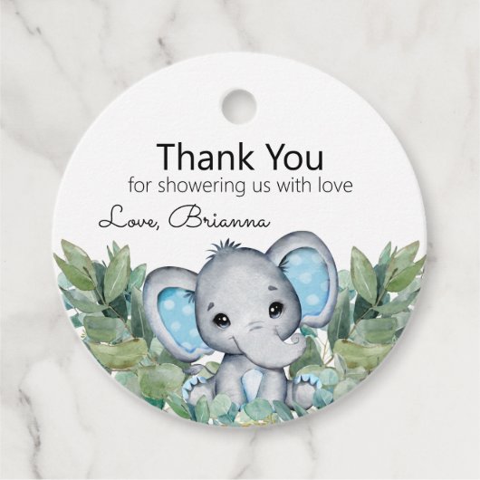 Blue Elephant Greenery Baby shower Dank u Bedankjes Labels (Voorkant)