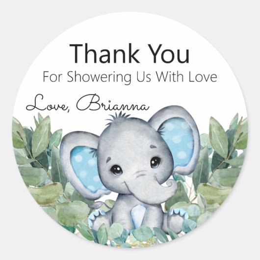 Blue Elephant Greenery Baby shower Dank u Ronde Sticker (Voorkant)
