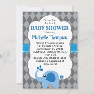 Blue Elephant Grey Background Baby shower nodigt u Kaart