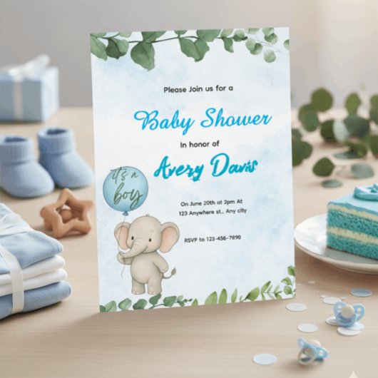 Blue Elephant It’s a Boy Baby Shower Invitation
