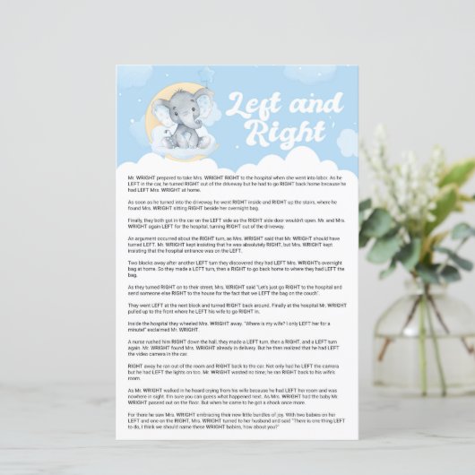 Blue Elephant left and Right Baby shower Game (Staand voorkant)