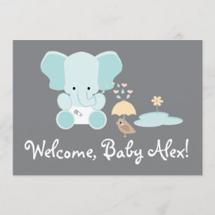 Blue Elephant Little Bird Welkom Baby Kaart