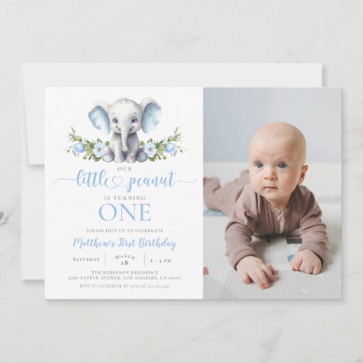 Blue Elephant Little Peanut Boy 1st Birthday Foto Kaart (Voorkant)