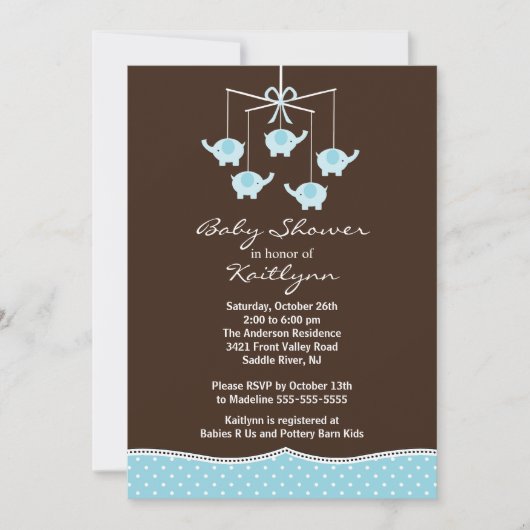 Blue Elephant Mobile Boy Baby shower Invitation Kaart (Voorkant)