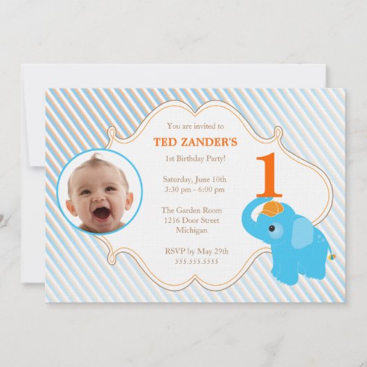 Blue Elephant Photo Birthday Invitation Kaart (Voorkant)
