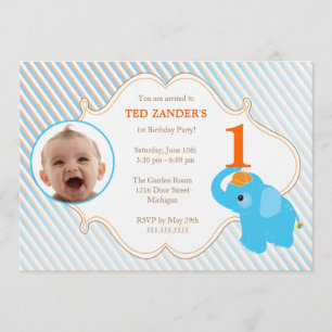 Blue Elephant Photo Birthday Invitation Kaart
